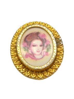 Vintage Elegant Mod Lady Brooch, Lapel Pin with Gold Tone Frame and Pink Flowers